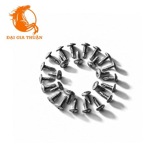A circular arrangement of Vít Dù Mạ Kẽm Nhúng Nóng 13mm on a plain white background, with a soft beige brand logo printed in the center of the ring.