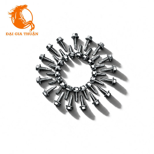 A set of small VÍT KÈO THÉP NHẸ MẠ KẼM NHÚNG NÓNG arranged in a circular pattern on a white background, with a prominent orange logo in the top-left corner.