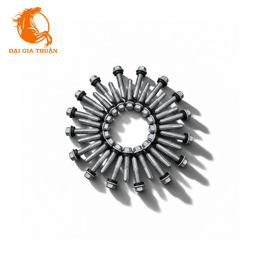 A set of VÍT KHOAN DẦM MẠ KẼM NHÚNG NÓNG arranged in a circular pattern on a white background, with a prominent orange logo for 'Đại Gia Thuận' in the top-left corner.
