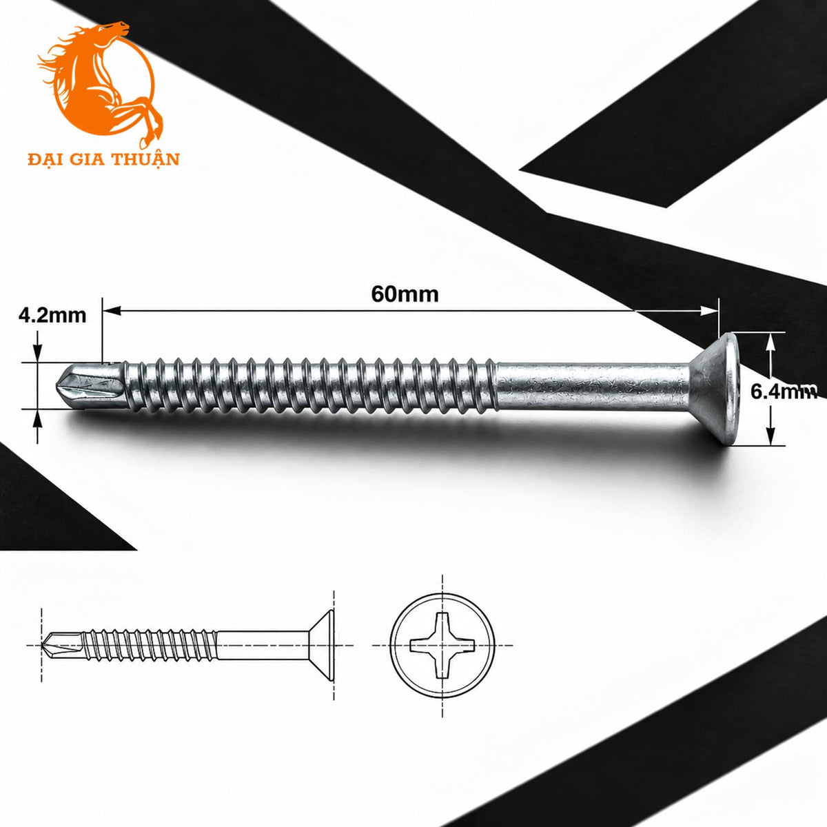 VÍT NGÓI MẠ KẼM NHÚNG NÓNG shown on a white background with black graphic shapes and dimension annotations: 60mm length, 4.2mm tip, and 6.4mm head diameter