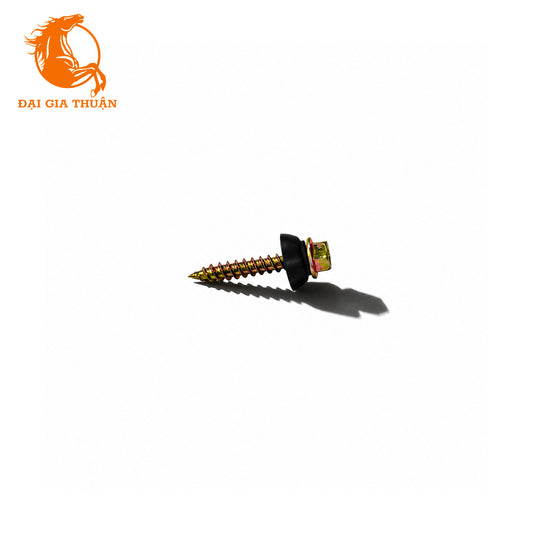 A Vít tôn xà gỗ xi mạ vàng ron đen 40mm with a black head and a gold-colored threaded shaft, shown on a plain white background with a cast shadow. The orange logo for 'Đại Gia Thuận' is visible in the top-left corner.