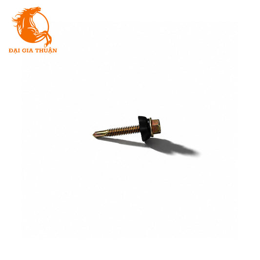 A small Vít tôn xà sắt xi mạ vàng ron đen 40mm with a black hex head and a gold-toned threaded shaft, photographed on a plain white background with a cast shadow. An orange logo reading “Đại Gia Thuận” appears in the top-left corner.