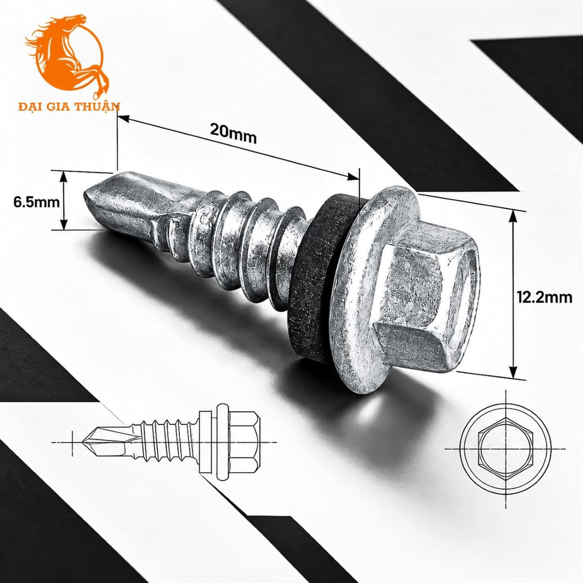 VÍT RÚT DIỀM MẠ KẼM NHÚNG NÓNG RON EPDM with a black rubber O-ring, shown with dimension annotations (20mm, 12.2mm, 6.5mm)