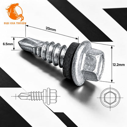 VÍT RÚT DIỀM MẠ KẼM NHÚNG NÓNG RON EPDM with a black rubber O-ring, shown with dimension annotations (20mm, 12.2mm, 6.5mm)