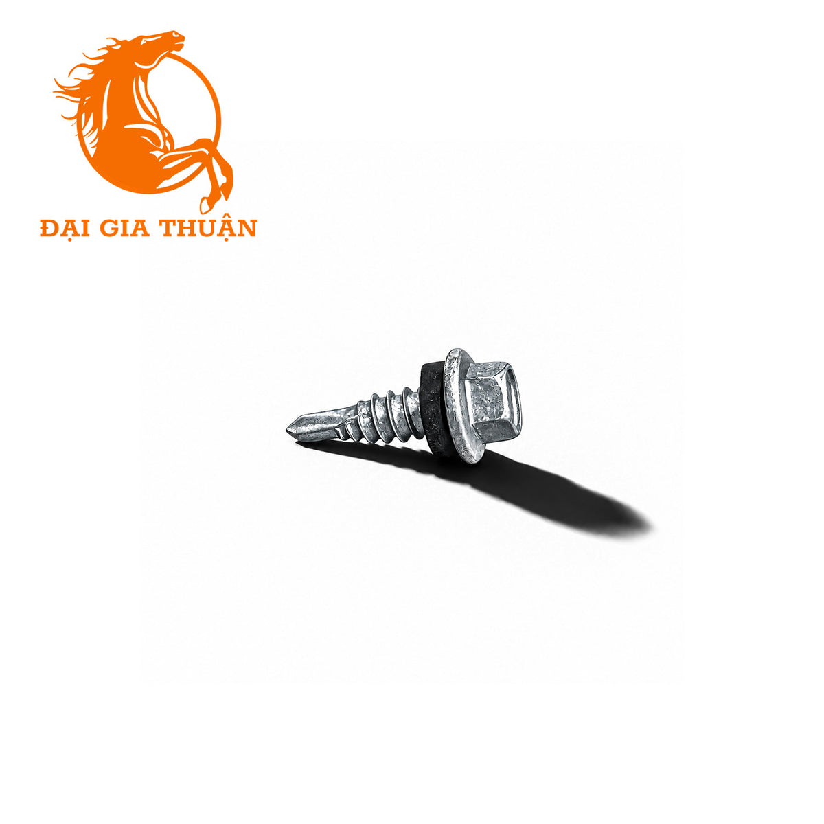 VÍT RÚT DIỀM MẠ KẼM NHÚNG NÓNG RON EPDM with a hex head and threaded shank, shown on a plain white background with a cast shadow. An orange horse logo and the text “ĐẠI GIA THUẾN” appear in the top-left corner.