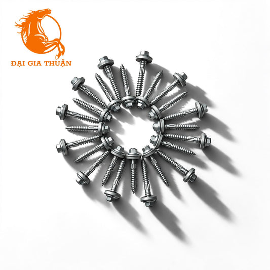 A set of VÍT TÔN XÀ GỖ MẠ KẼM NHÚNG NÓNG RON EPDM 50mm arranged in a circular pattern on a white background, casting shadows. The logo for Đơi Gia Thuán is visible in the top-left corner.