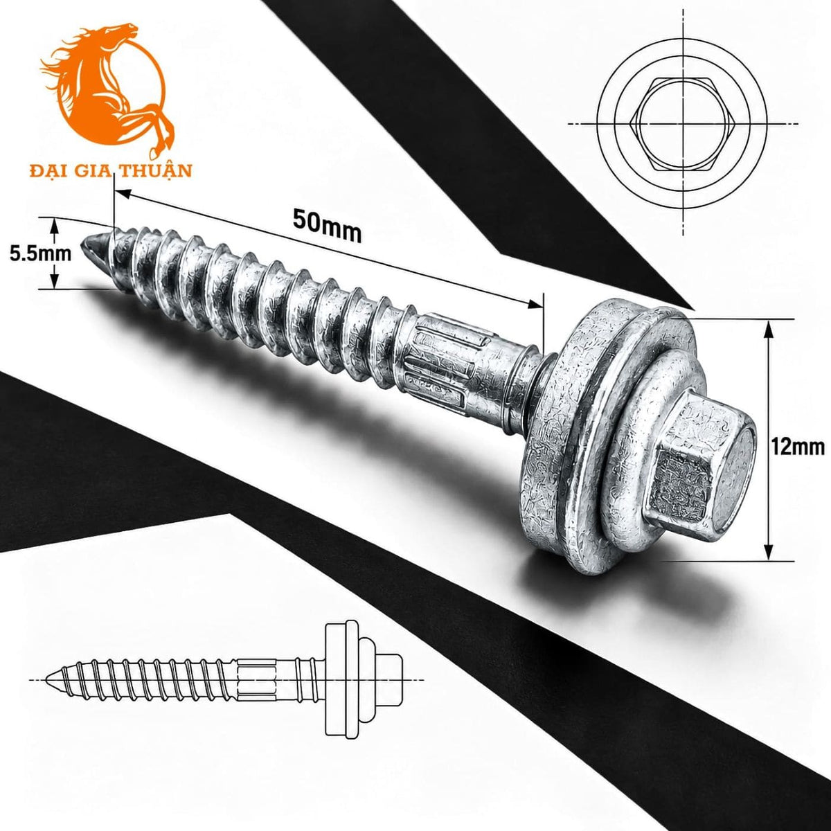 VÍT TÔN XÀ GỖ MẠ KẼM NHÚNG NÓNG RON EPDM with a hex head, shown with dimension annotations (50mm length, 12mm head diameter, 5.5mm tip) and technical line drawings on a black-and-white background.