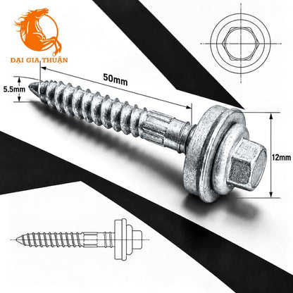 VÍT TÔN XÀ GỖ MẠ KẼM NHÚNG NÓNG RON EPDM with a hex head, shown with dimension annotations (50mm length, 12mm head diameter, 5.5mm tip) and technical line drawings on a black-and-white background.