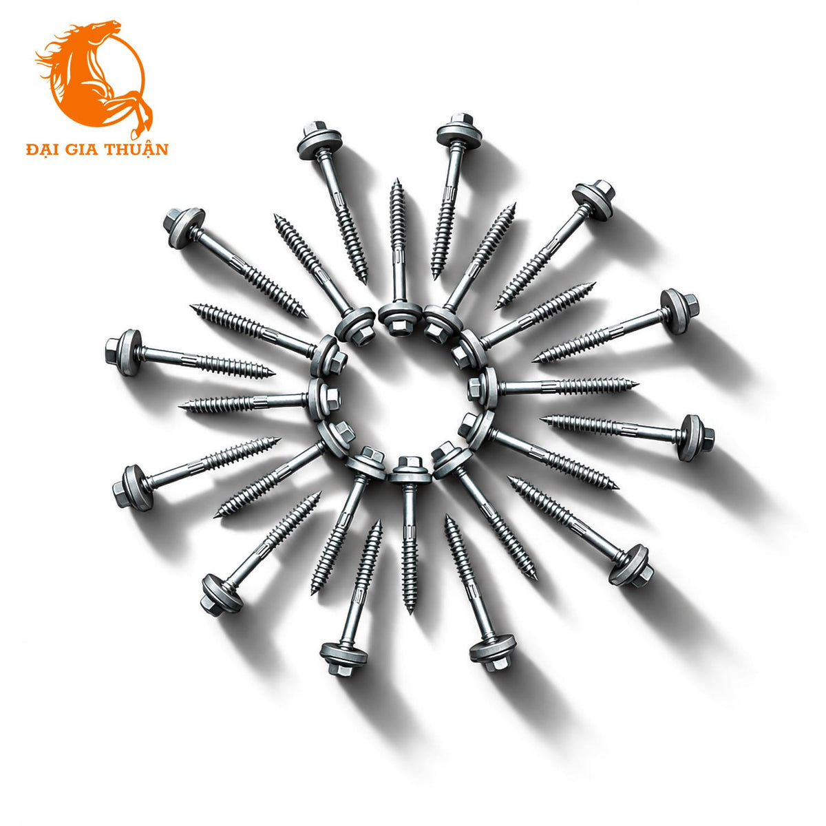 A set of VÍT TÔN XÀ GỖ MẠ KẼM NHÚNG NÓNG RON EPDM 68mm arranged in a circular radial pattern on a white background, with a prominent orange and black 'DAI GIA THUATAN' logo in the top-left corner.