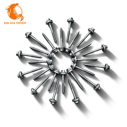 A set of VÍT TÔN XÀ GỖ MẠ KẼM NHÚNG NÓNG RON EPDM 68mm arranged in a circular radial pattern on a white background, with a prominent orange and black 'DAI GIA THUATAN' logo in the top-left corner.