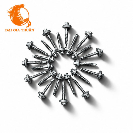 A set of VÍT TÔN XÀ SẮT MẠ KẼM NHÚNG NÓNG RON EPDM 50mm arranged in a circular pattern on a white background, with a prominent orange logo in the top-left corner.