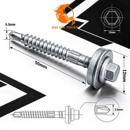VÍT TÔN XÀ SẮT MẠ KẼM NHÚNG NÓNG RON EPDM with a hex head, shown with dimension annotations (50mm length, 12mm head diameter, 5.5mm tip) and technical line drawings on a black-and-white graphic background.