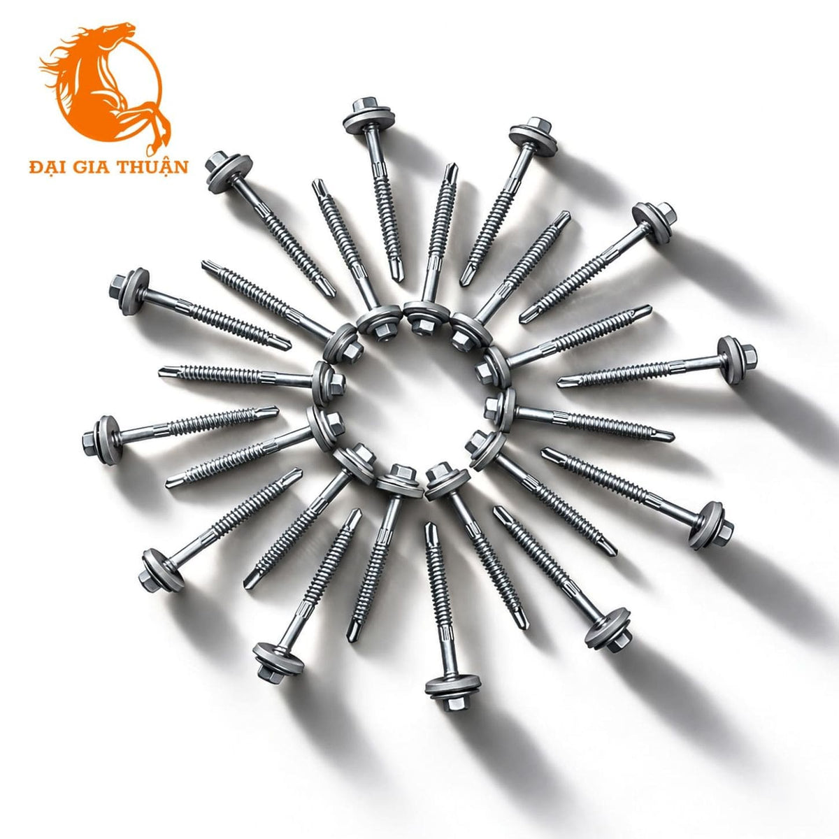 Twelve VÍT TÔN XÀ SẮT MẠ KẼM NHÚNG NÓNG RON EPDM 68mm arranged in a circular pattern on a white background, with a prominent orange logo for 'Đại Gia Thuận' in the top-left corner.