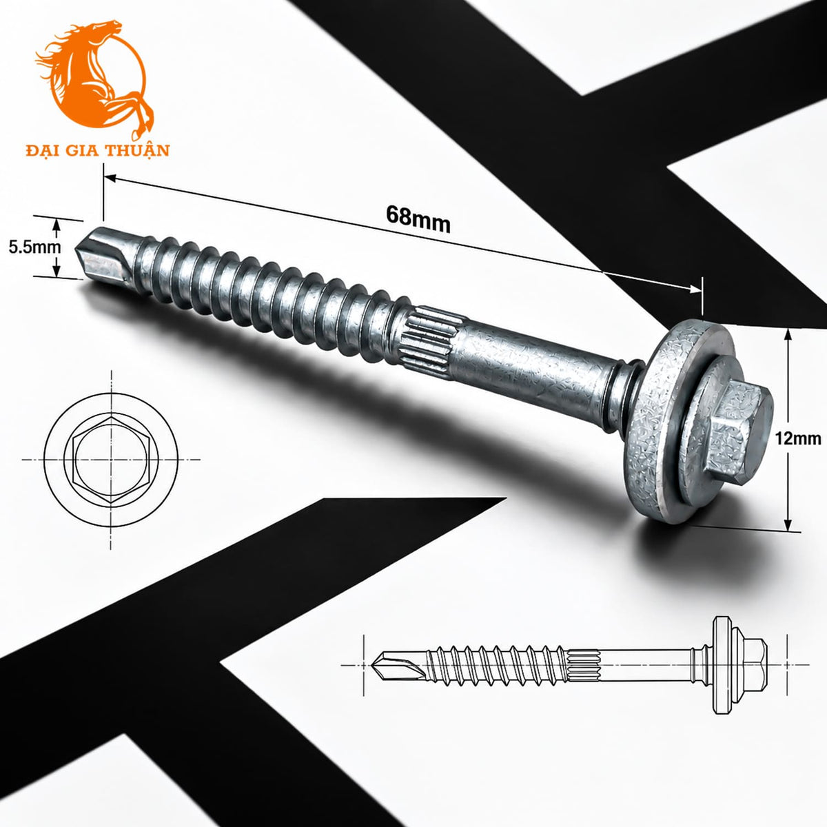 VÍT TÔN XÀ SẮT MẠ KẼM NHÚNG NÓNG RON EPDM with a hex head, shown with dimension annotations (68mm length, 12mm head width, 5.5mm tip width) and technical line drawings on a white background with black graphic shapes.
