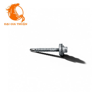 VÍT TÔN XÀ SẮT MẠ KẼM NHÚNG NÓNG RON EPDM with a hex head and washer, shown on a plain white background with a cast shadow. The orange 'ĐẠI GIA THUẬN' logo is in the top-left corner.