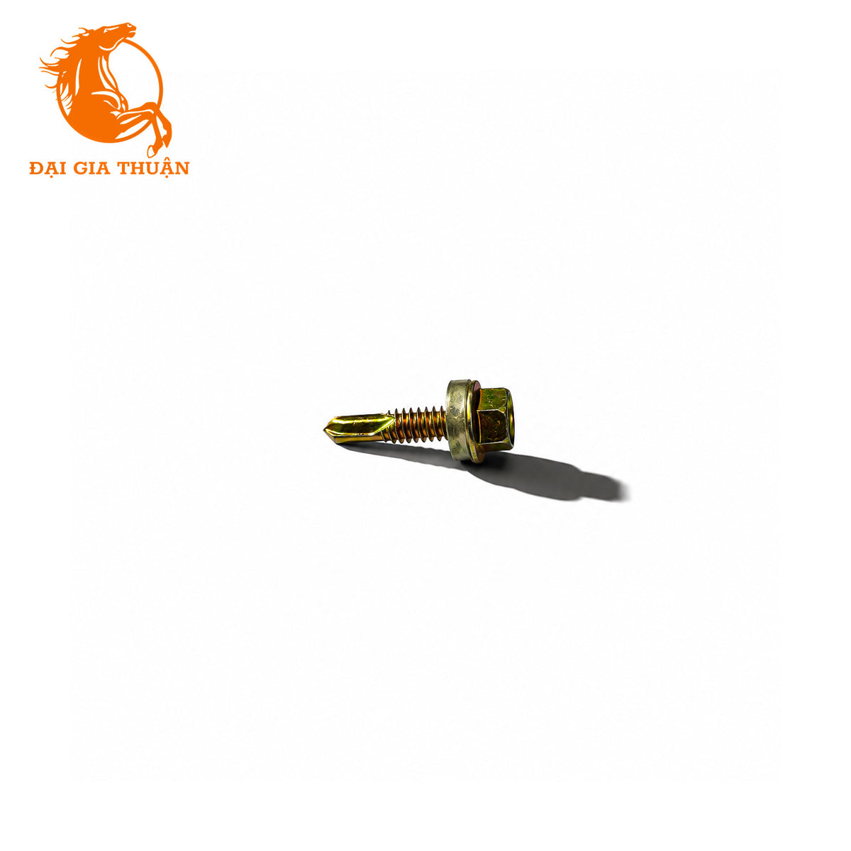 A Vít tôn xà sắt xi mạ vàng ron trắng 25mm with a hexagonal head, shown on a plain white background with a cast shadow. The orange logo for 'Đại Gia Thuận' is visible in the top-left corner.