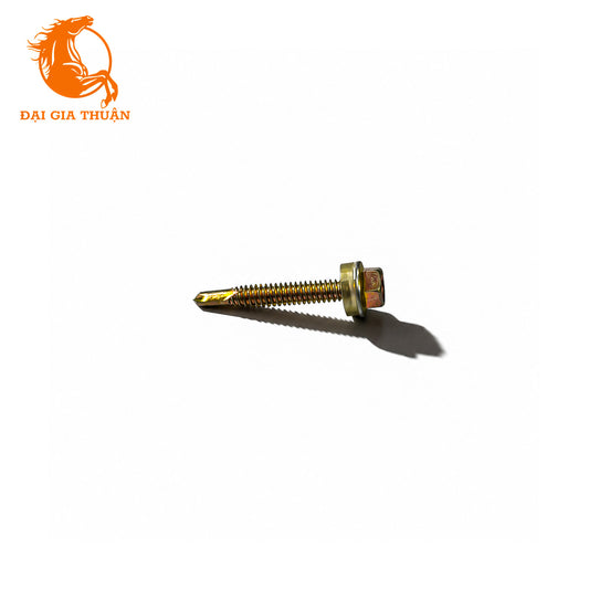 A Vít tôn xà sắt xi mạ vàng ron trắng 40mm with a hex head, shown on a plain white background with a cast shadow. The orange 'Đại Gia Thuận' logo is visible in the top-left corner.