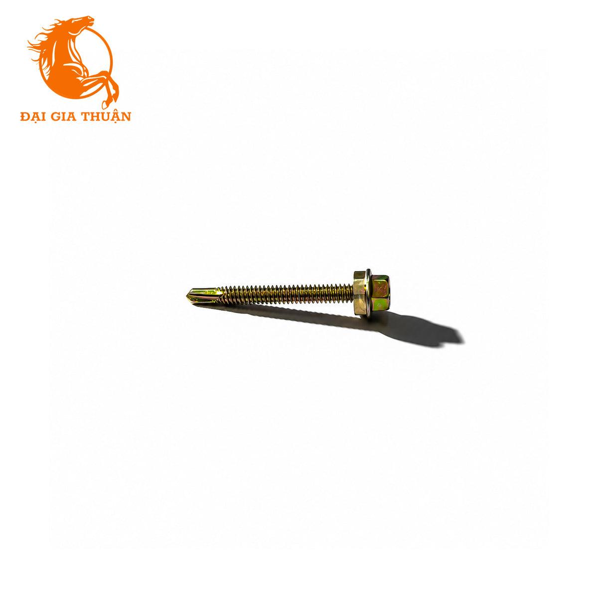 A Vít tôn xà sắt xi mạ vàng ron trắng 50mm with a hexagonal head, shown horizontally on a plain white background with a soft shadow. The orange 'Đại Gia Thuận' logo is visible in the top-left corner.
