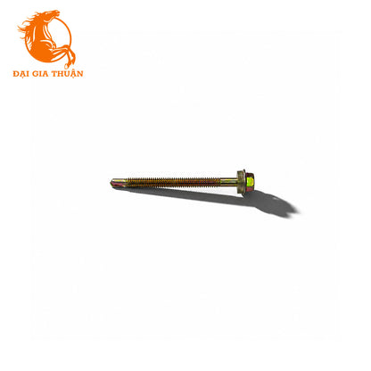 A Vít tôn xà sắt xi mạ vàng ron trắng 75mm with a threaded shaft and a square head, shown on a plain white background. The product has a warm metallic gold/brass tone with small green and red details on the head.